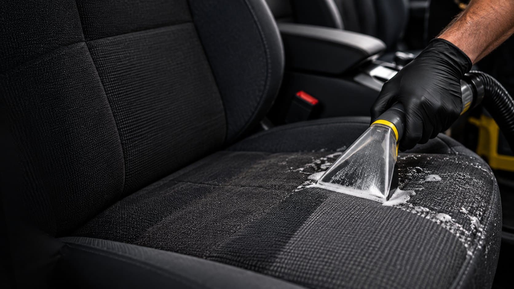 Shampoing d’un siège de voiture en tissu à l’injecteur-extracteur